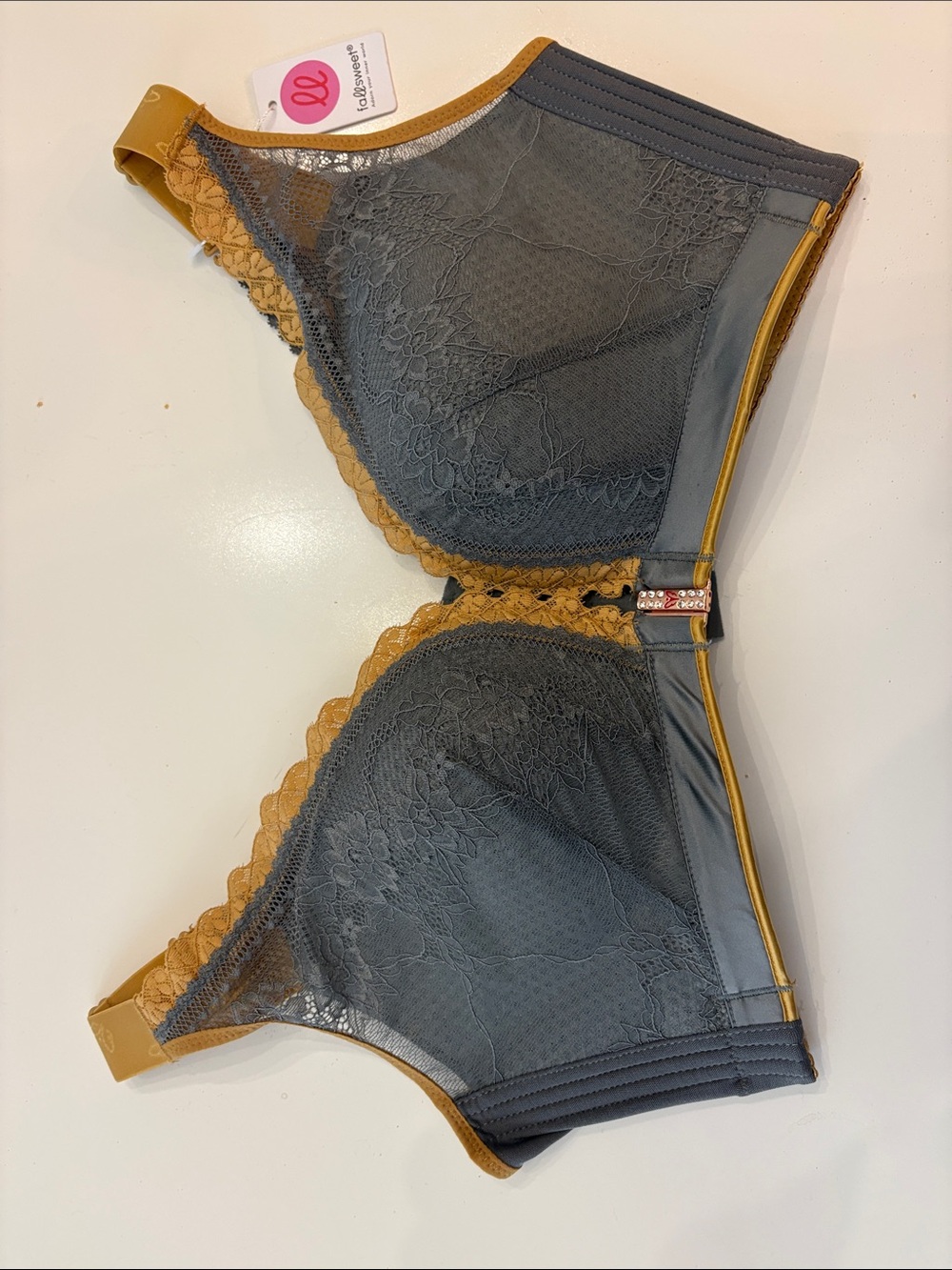 FallSweet Plus Size Front-Closure Wireless Lace Bra - Gray/Yellow (Size 44/100)